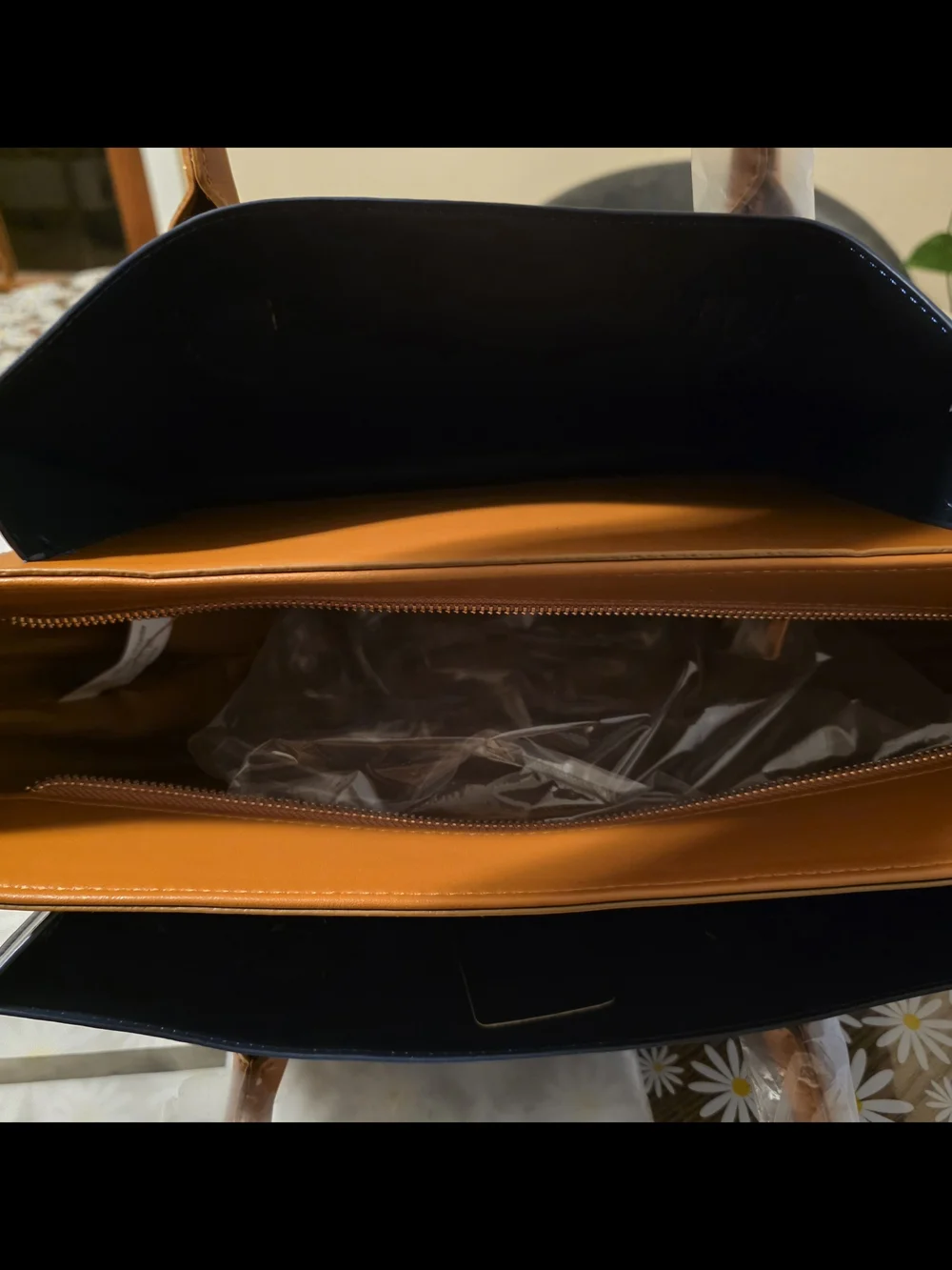 Loulu Navy and Tan Structured Satchel with Gold Logo